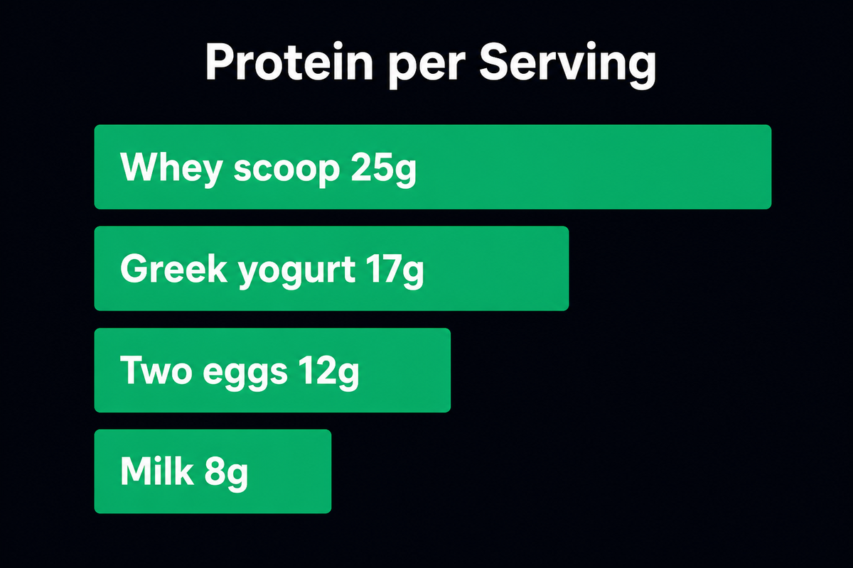 Bar chart of protein per serving: whey scoop 25 g, Greek yogurt 17 g, two eggs 12 g, one cup of milk 8 g